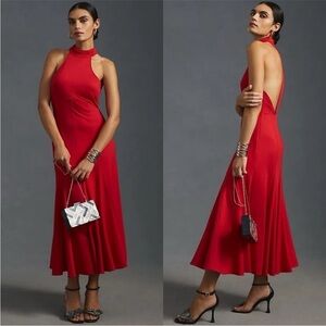 NWT Anthropologie Maeve Halter Midi Dress in Red SP
